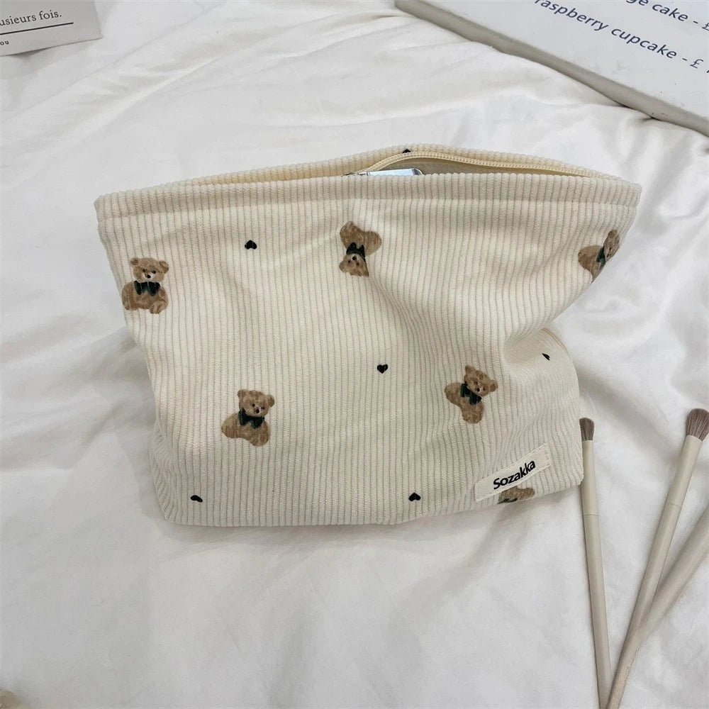 Corduroy Bear Print Makeup Bag – Large Capacity Cosmetic Organizer
