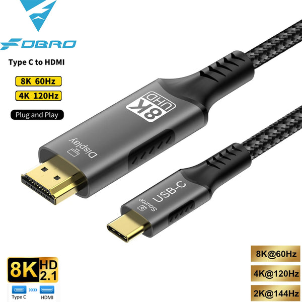Schwarzes USB-C zu HDMI-Kabel mit Anschlüssen für 8K@60Hz, 4K@120Hz und 2K@144Hz