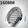 Stainless steel round ventilation grille with 160mm dimension shown in a close-up view.