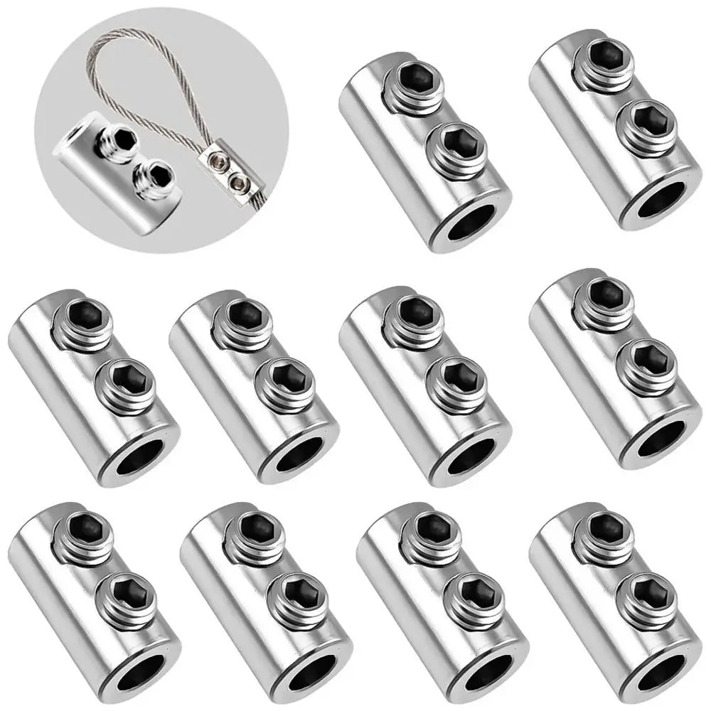 A set of ten stainless steel wire rope clamps shown in various views and angles.