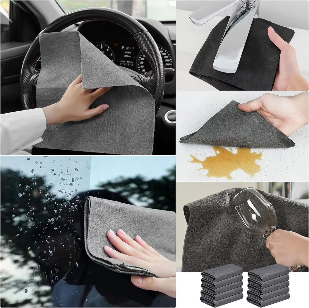 Reusable gray microfiber glass cleaning cloths being used to wipe a window and a car interior.
