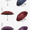 Three oversized folding umbrellas in navy blue, wine red, and purple shown in both open and closed views.