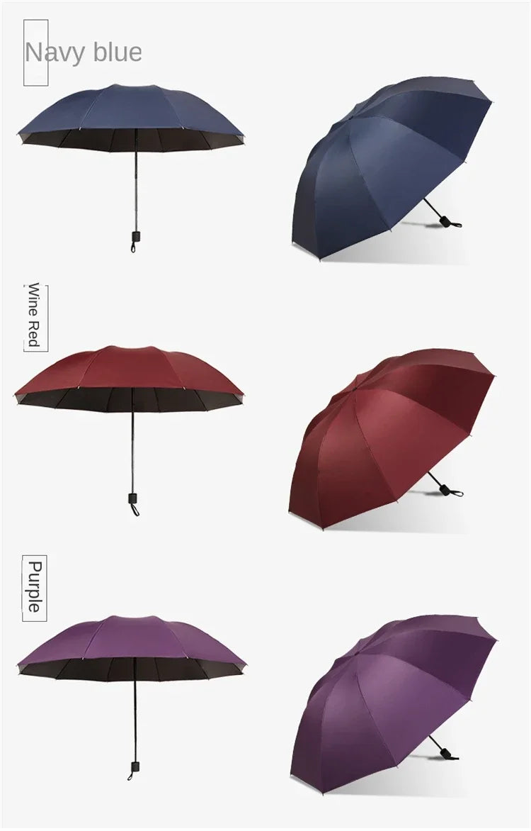 Three oversized folding umbrellas in navy blue, wine red, and purple shown in both open and closed views.