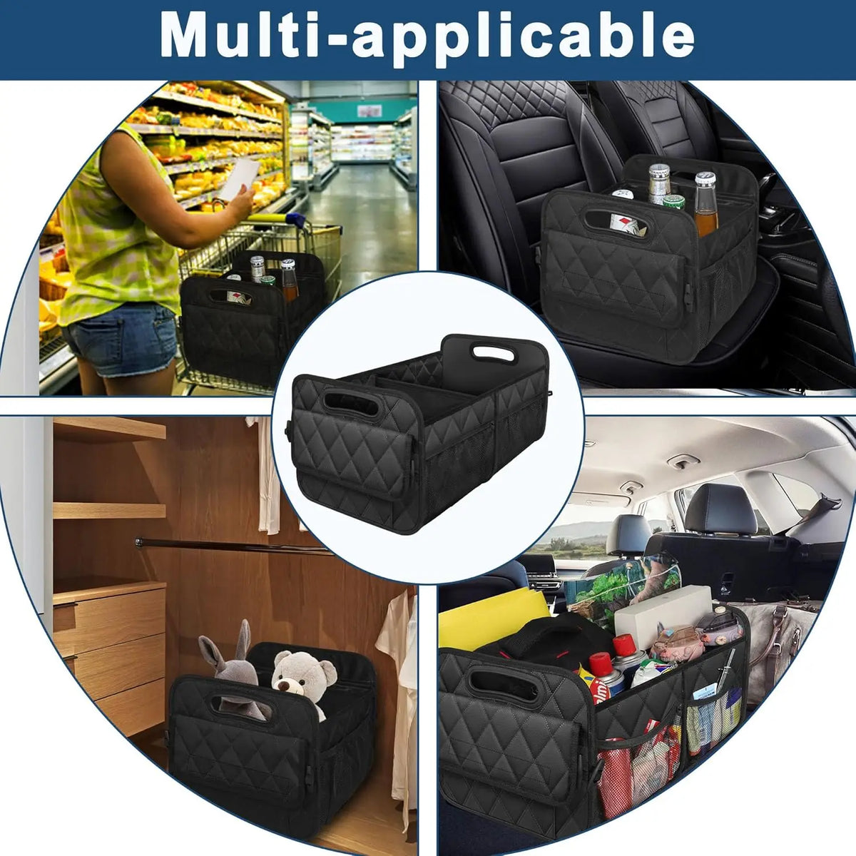 A multi-applicable foldable waterproof car trunk organizer with six pockets shown in various contexts.