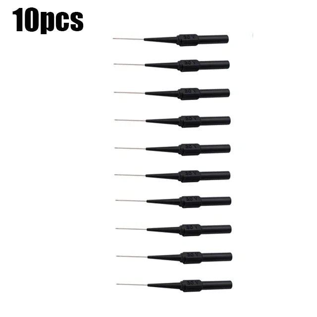 A set of ten back-piercing test probe multimeter tips with needle tips.