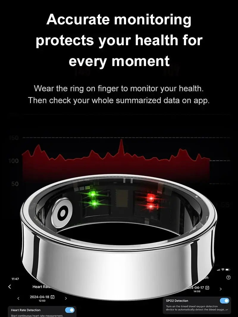 A close-up view of a sleek stainless steel smart ring being worn on a finger, displaying health monitoring features.