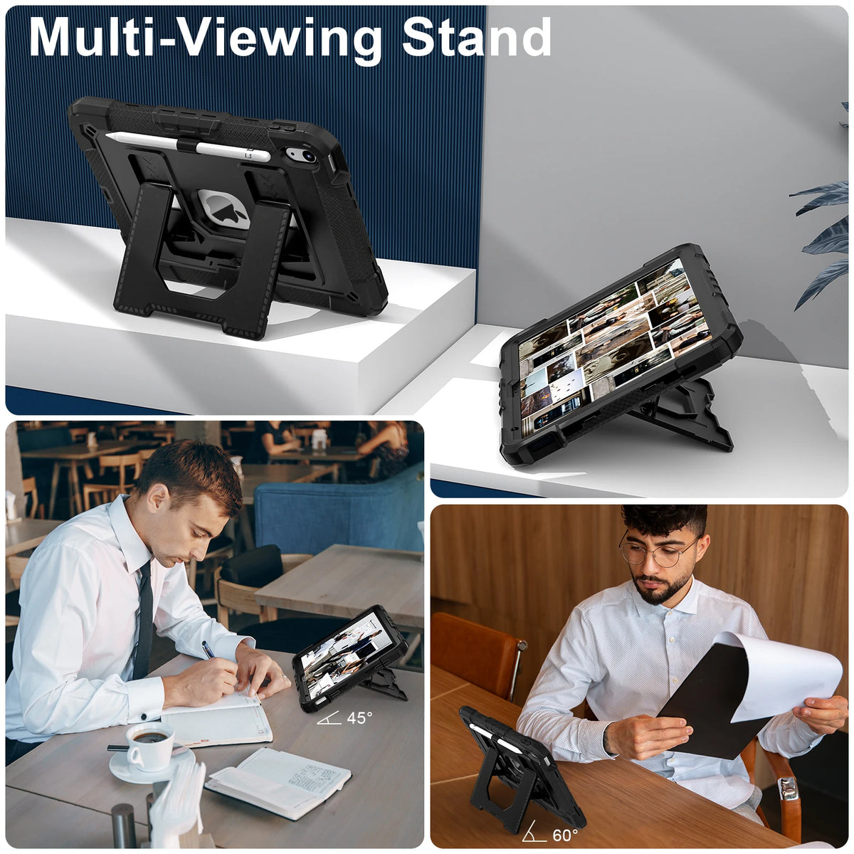 A multi-viewing stand product showing a black protective case for an iPad, used in various contexts.