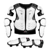 Kids motocross body armor set featuring a black and white vest with elbow and knee pads