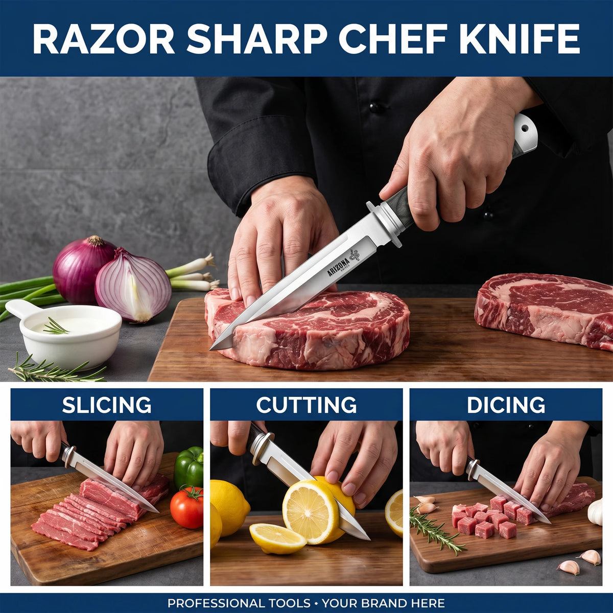A chef knife is shown being used for slicing, cutting, and dicing meat on a wooden cutting board.