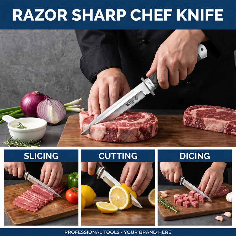 Versatile Kitchen Knife with Wooden Handle and Leather Sheath
