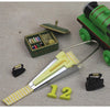 A stainless steel bias tape maker set with four different sized tapes and a green and black sewing machine component.