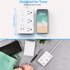 A white ultra-thin power strip with six outlets and four USB ports is shown next to a smartphone.