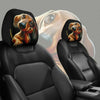 A set of two cute dachshund car headrest covers featuring dog portraits on black upholstery.