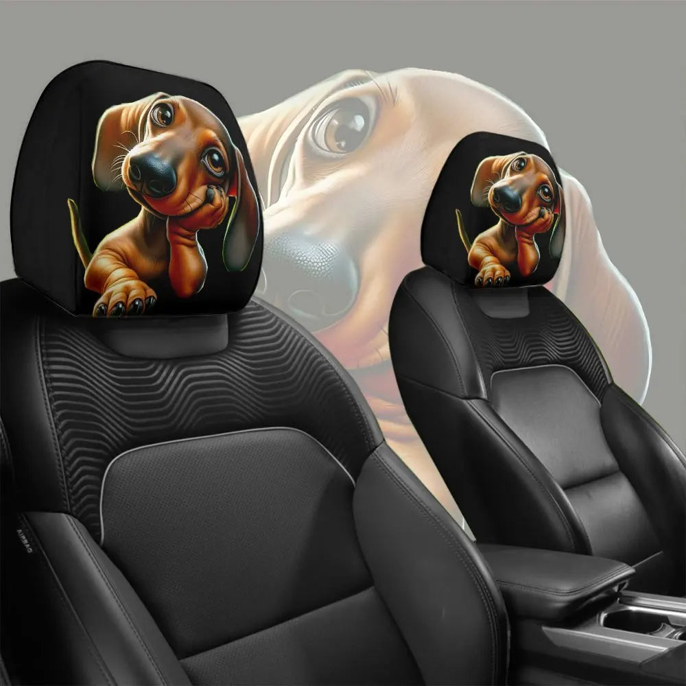 A set of two cute dachshund car headrest covers featuring dog portraits on black upholstery.