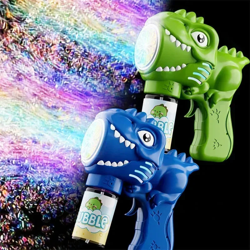 A green dinosaur bubble gun with lights and a blue dinosaur bubble gun are shown against a colorful, abstract background.