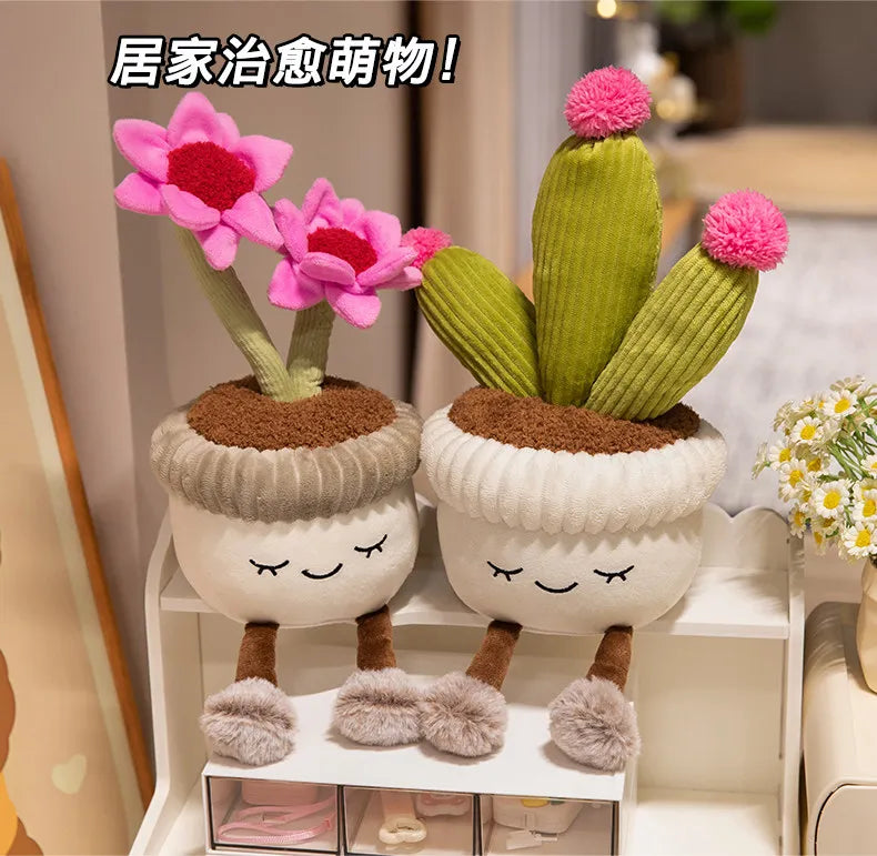 Cute artificial flower plush dolls featuring soft green cactus plants and pink flowers for home decor