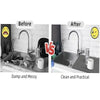Comparison showing a before and after of a kitchen sink faucet installation, highlighting the difference between damp and mes