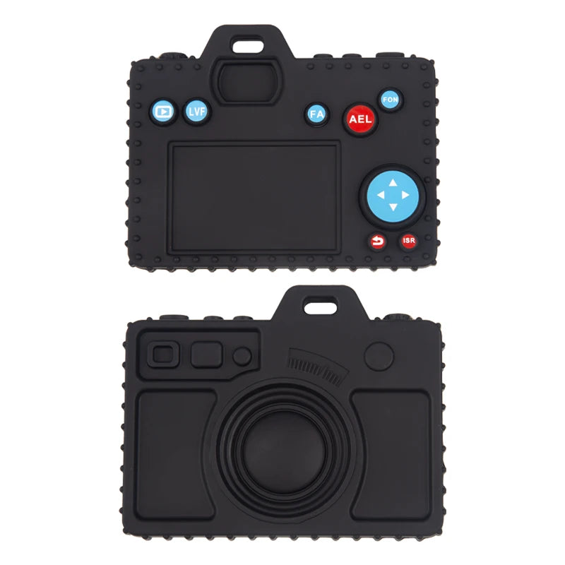 A black silicone baby teether toy shaped like a remote control with various buttons and a lens.