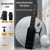 A black silent electric folk guitar is shown with accessories like a guitar bag, straps, tuning handle, and headset.