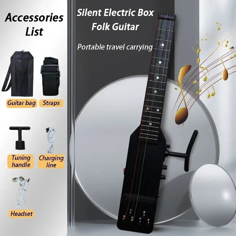 A black silent electric folk guitar is shown with accessories like a guitar bag, straps, tuning handle, and headset.