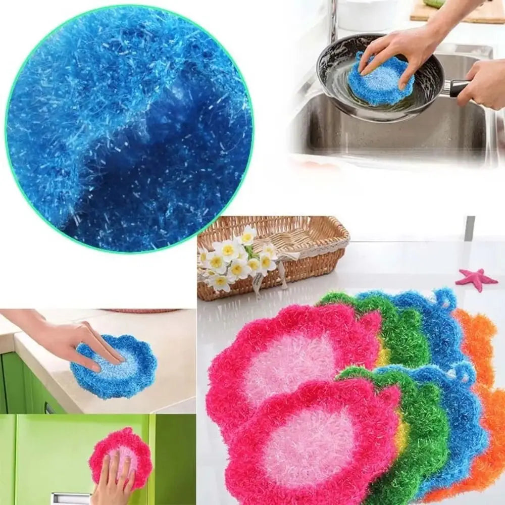 A collection of colorful acrylic non-stick dish sponges in various shades like blue, pink, green, and orange.