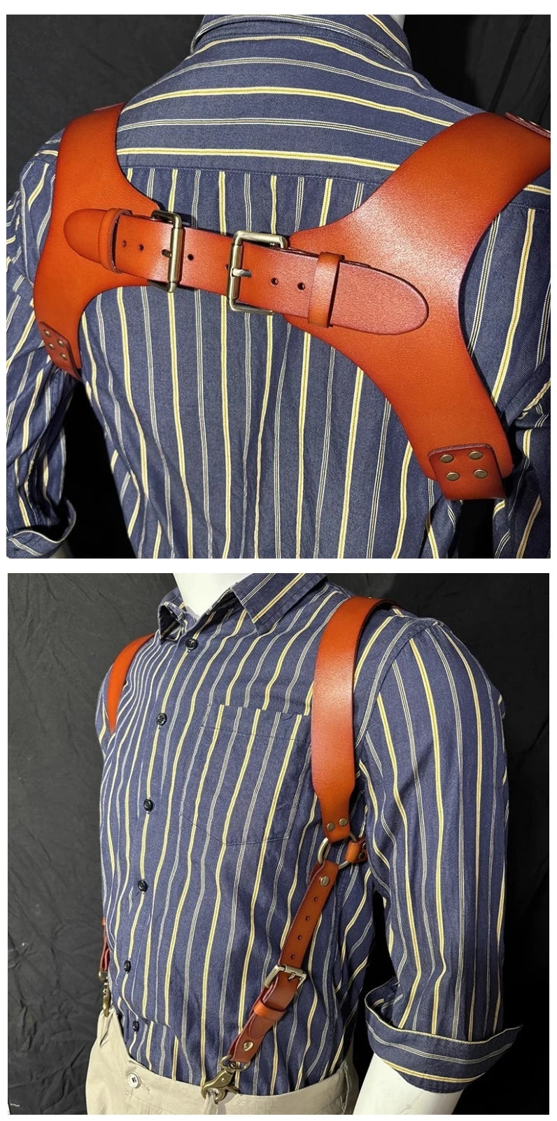 A close-up of genuine leather double shoulder suspenders worn over a blue striped shirt.