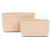 Two beige soft felt handbag organizer inserts with multi-pockets shown side by side.