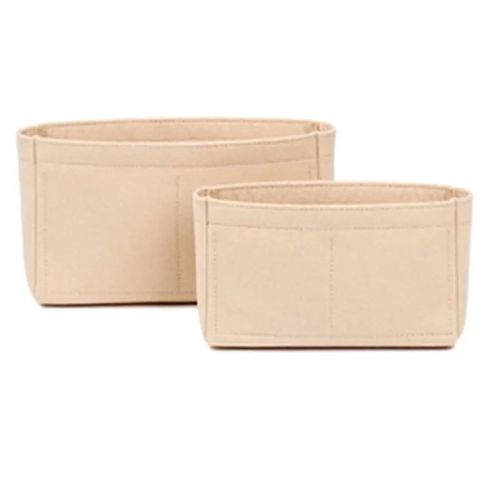 Two beige soft felt handbag organizer inserts with multi-pockets shown side by side.