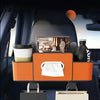 Orange backseat car organizer featuring cup holders and hooks for a vehicle interior.