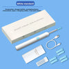 A white smart visual ear cleaner device with accessories including storage bottles, packaging boxes, and charging cables.