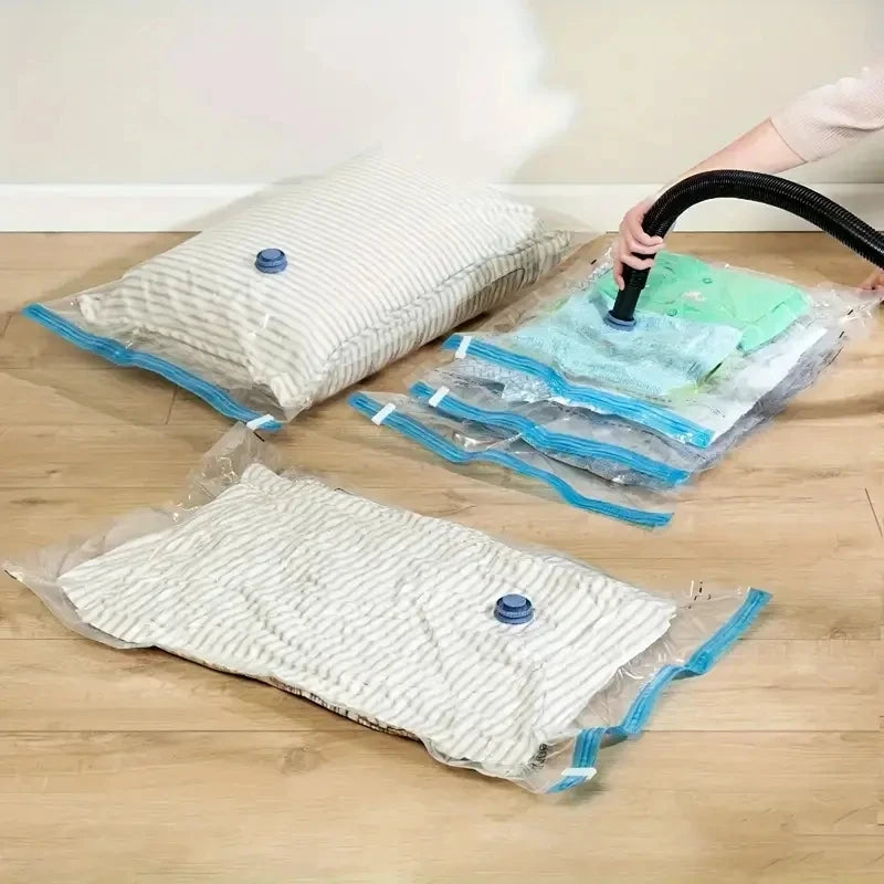 Vacuum compression bags for clothes and bedding showing various fabric items being packaged.
