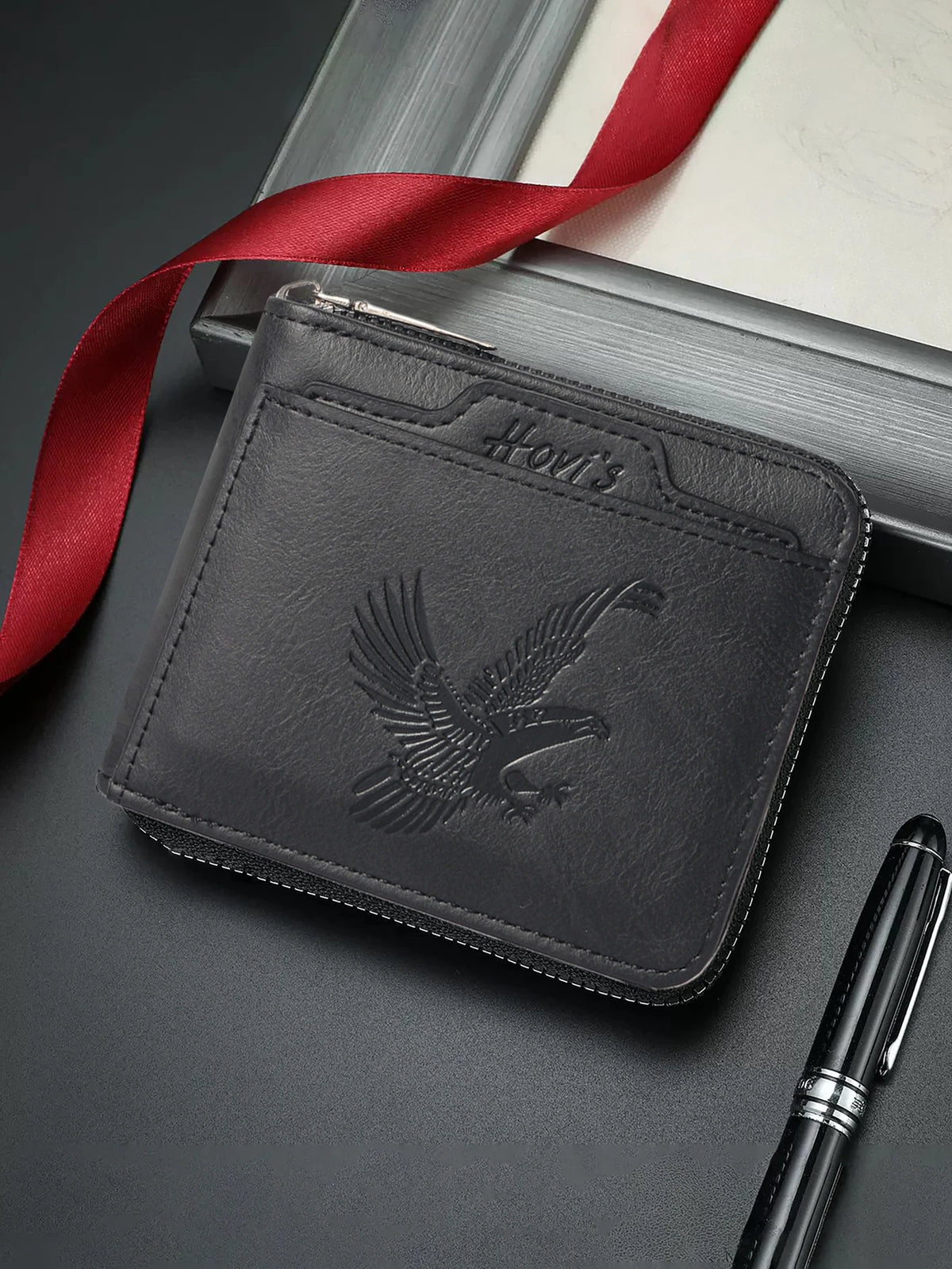HOVIS Men's Slim Leather Wallet with Eagle Emboss and Zip Closure