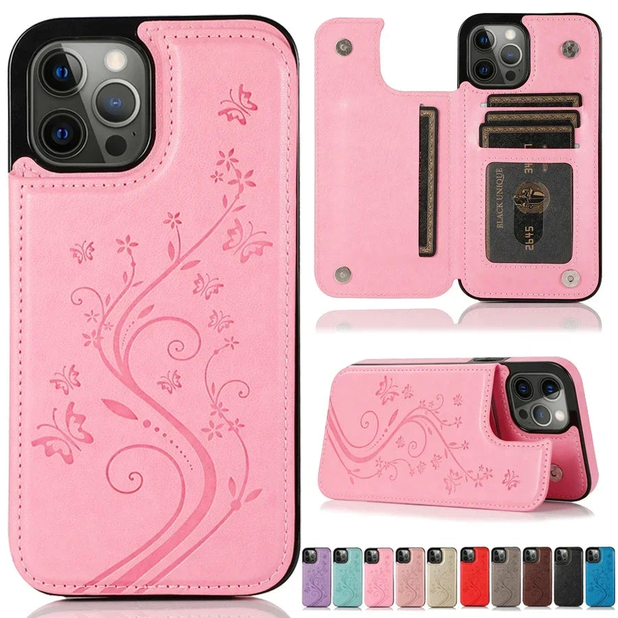 Butterfly Embossed Leather Wallet Case with Magnetic Flip Closure