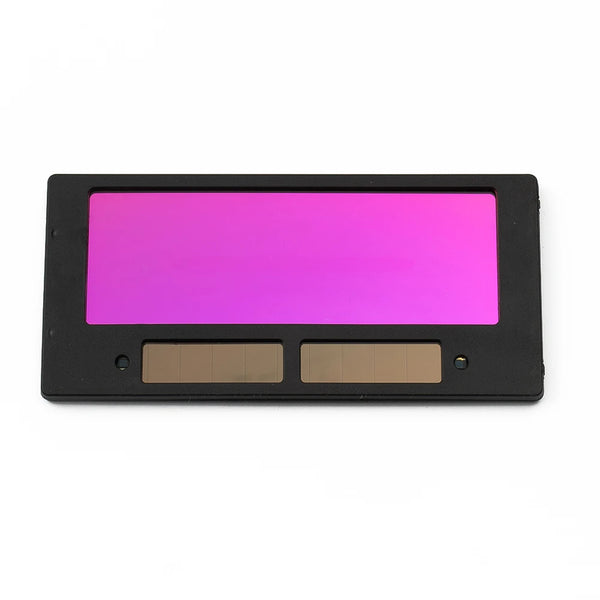 A black solar welding lens with a bright pink rectangular display and two small brown contacts.