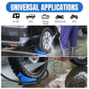A blue car hose guide with a roller wedge is shown being used to clean a vehicle's wheel.