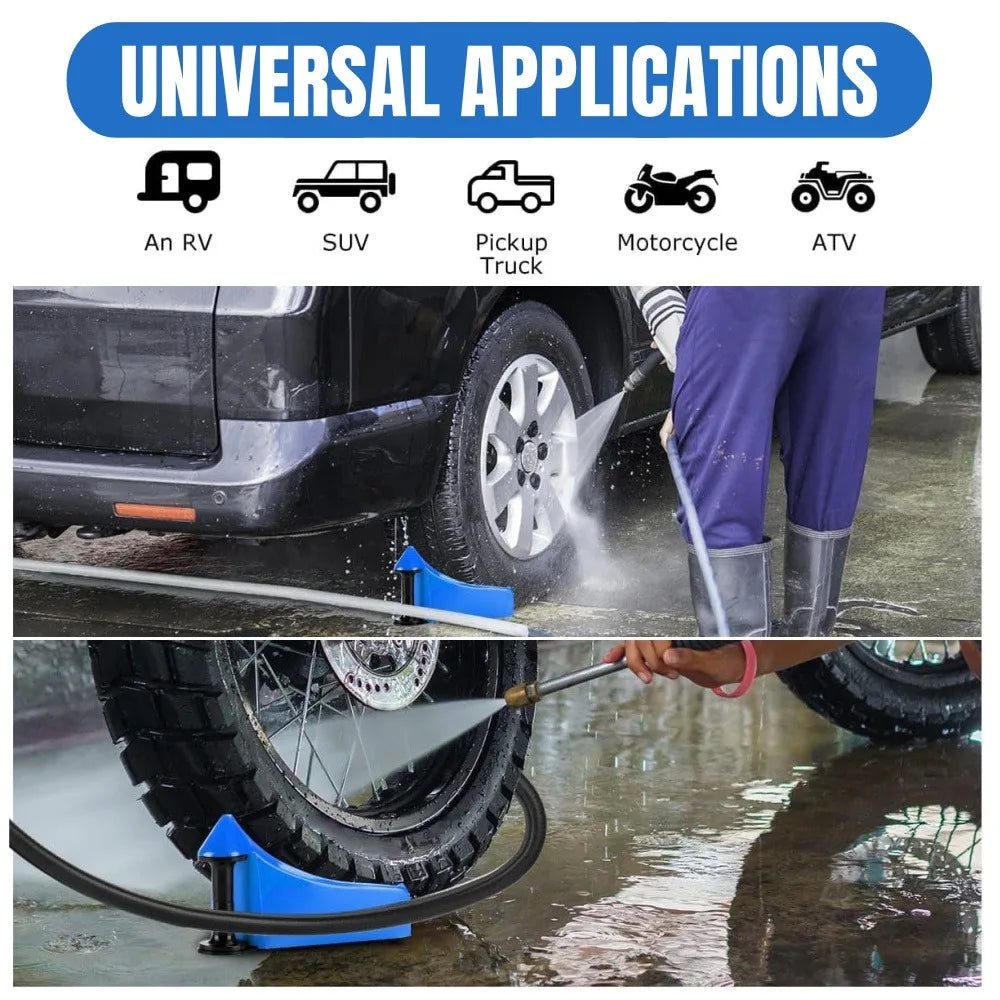 A blue car hose guide with a roller wedge is shown being used to clean a vehicle's wheel.