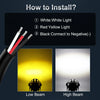 Diagram showing how to install a dual-color LED auxiliary fog light with white, yellow, and black wires for low and high beam