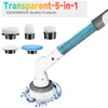 A transparent 5-in-1 electric spin scrubber with interchangeable brush heads shown in various forms.