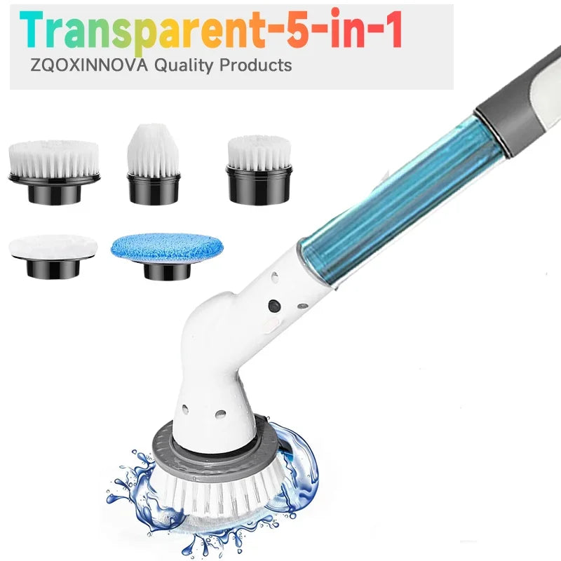 A transparent 5-in-1 electric spin scrubber with interchangeable brush heads shown in various forms.