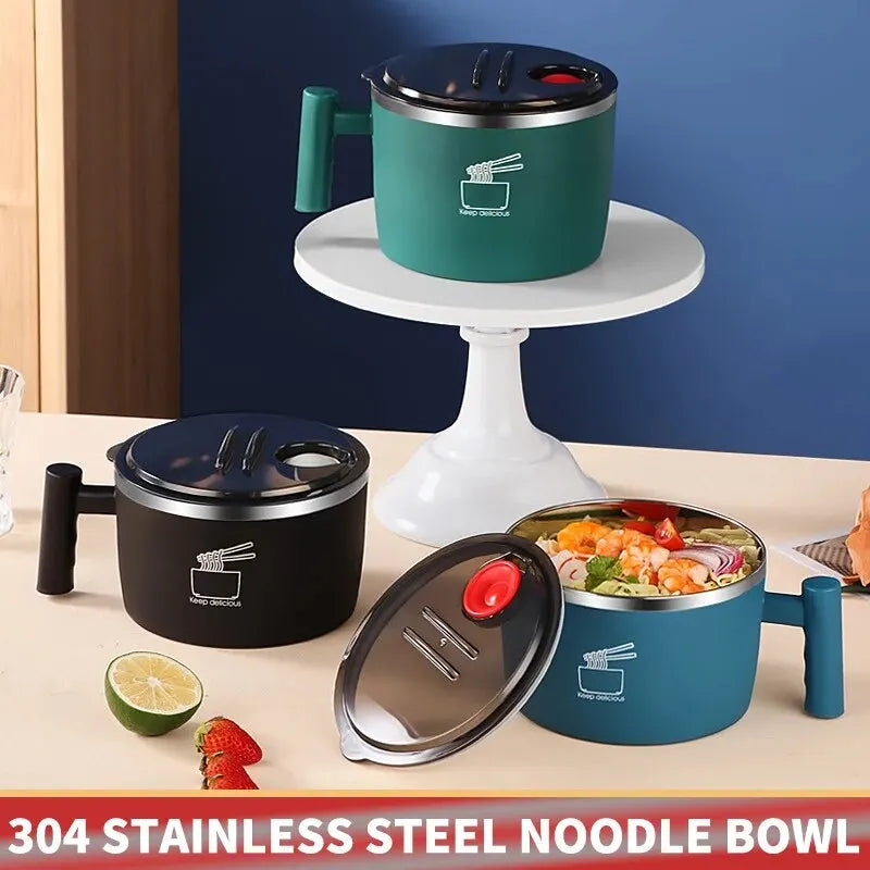 Portable Stainless Steel Noodle Bowl with Draining Lid