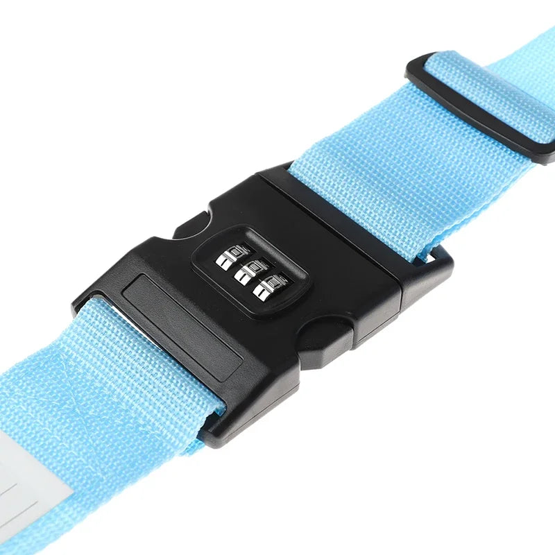 A light blue adjustable luggage strap with a black buckle and combination lock feature.