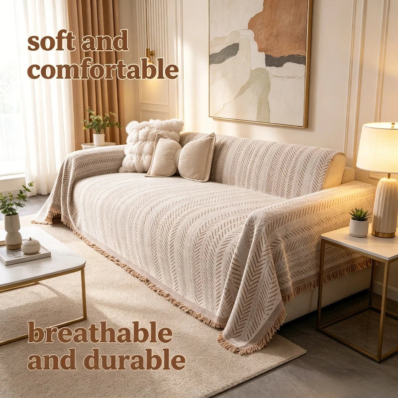 A beige fishbone pattern anti-slip sofa cover draped over a light-colored sofa in a bright living room.