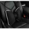 Black silky bow car headrest pillow and waist cushion set shown in a vehicle interior.