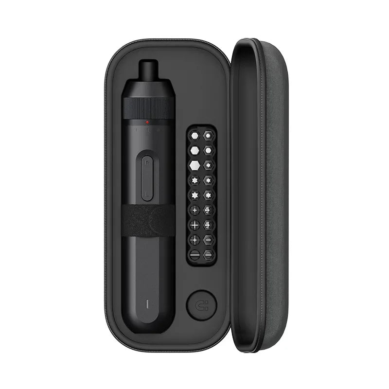 A black SmartPicks electric screwdriver with a battery and control panel, shown in its closed and open states.