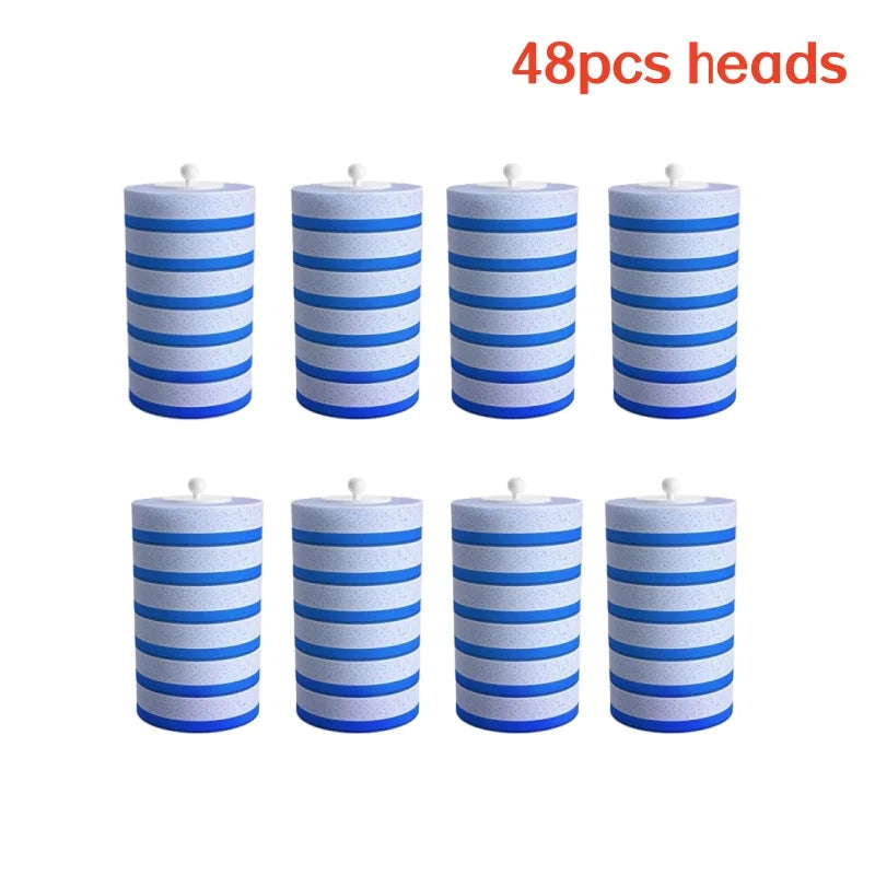 48 pieces of blue and white striped disposable toilet brush heads.