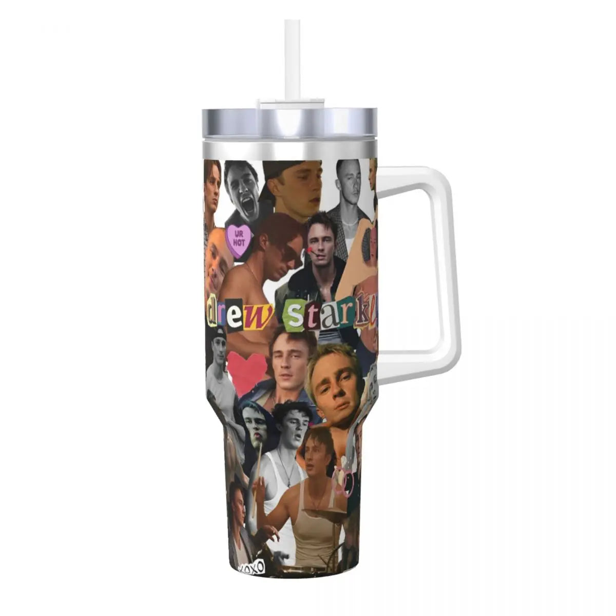 An insulated stainless steel tumbler featuring a collage of Marvel characters and the words Drew Stark