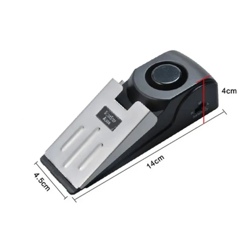A black high-decibel wireless door stop alarm device shown from the side with dimensions labeled.