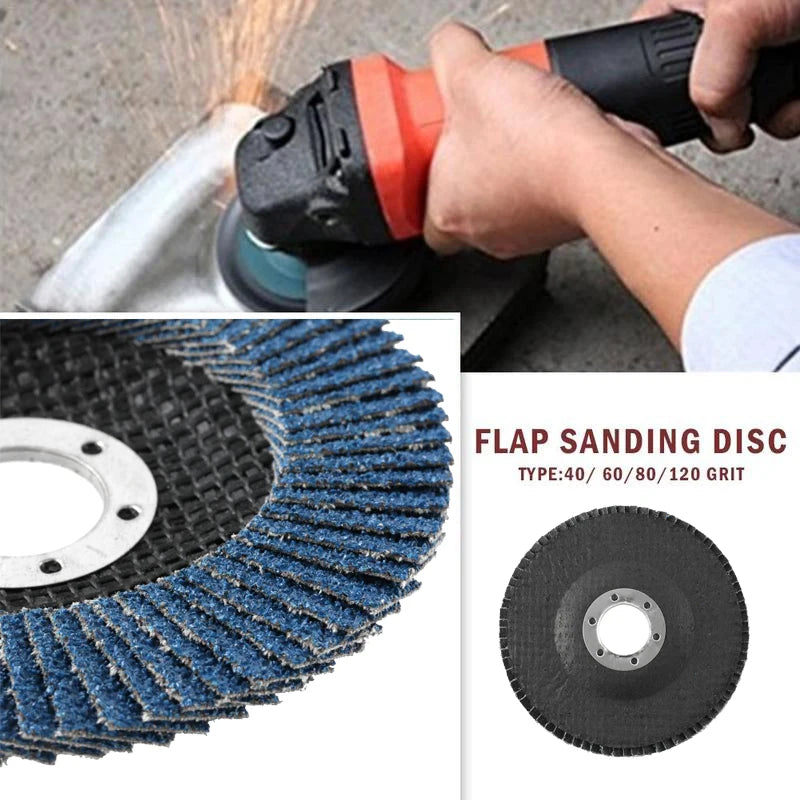 A hand is using an orange and black power tool to attach a black flap sanding disc for an angle grinder.