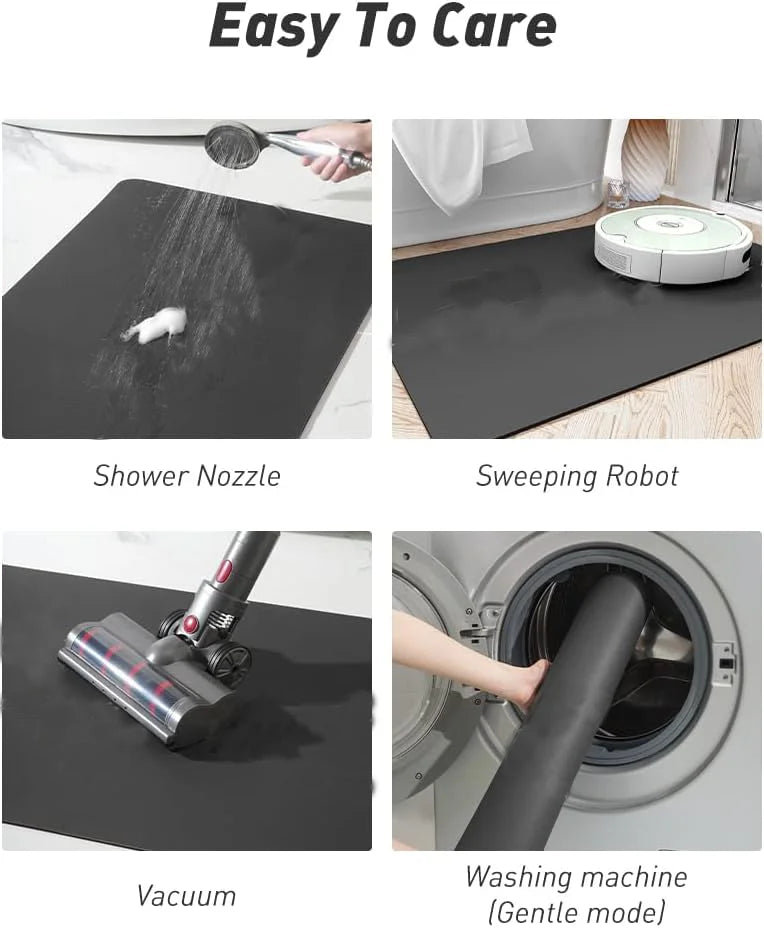 A collection of cleaning tools including a shower nozzle, sweeping robot, vacuum, and washing machine gentle mode setting.