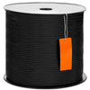 A black spool of heavy-duty braided nylon rope with an orange tag hanging from the center.